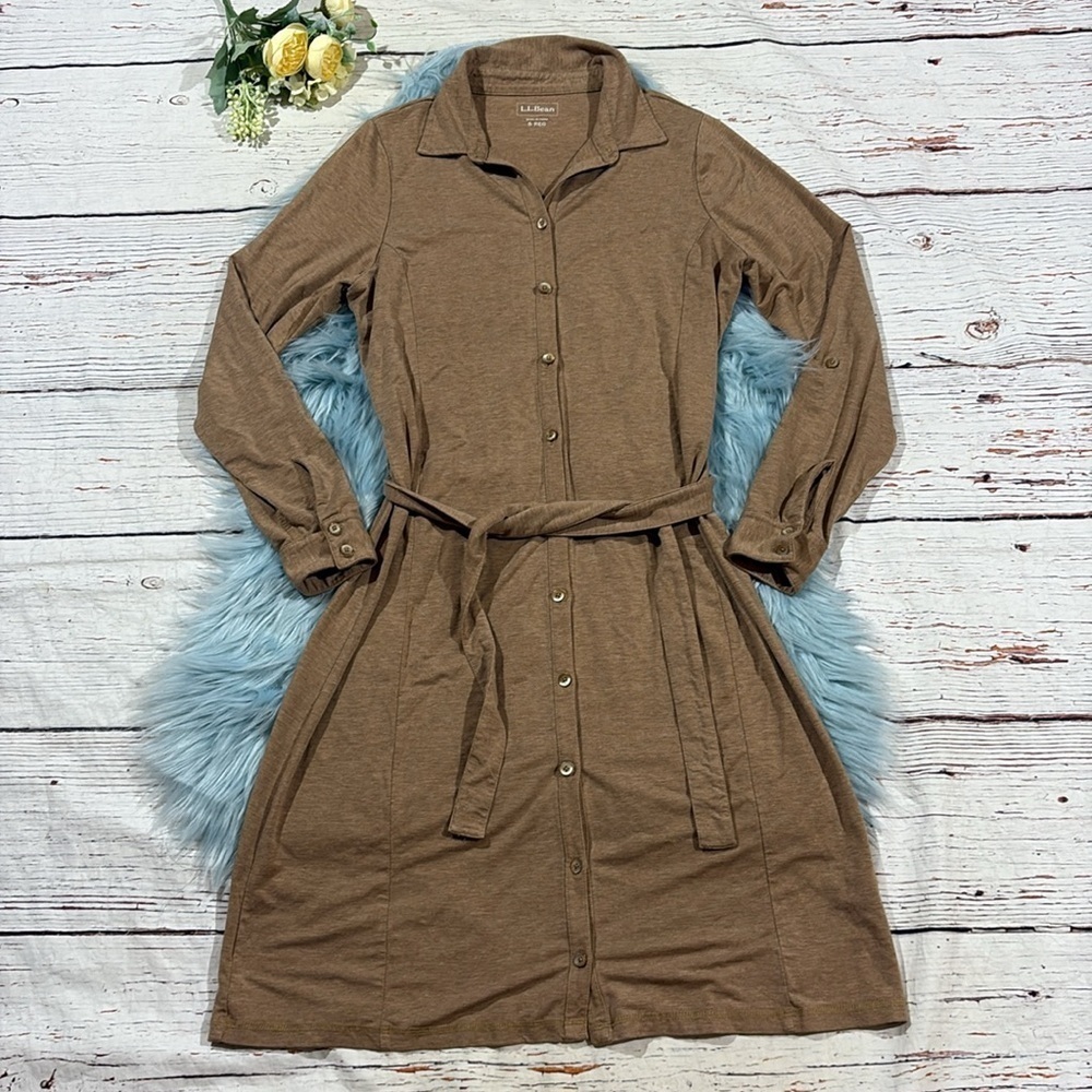 L.L. Bean Tan Belted Button Down Long Sleeve Mini Dress
